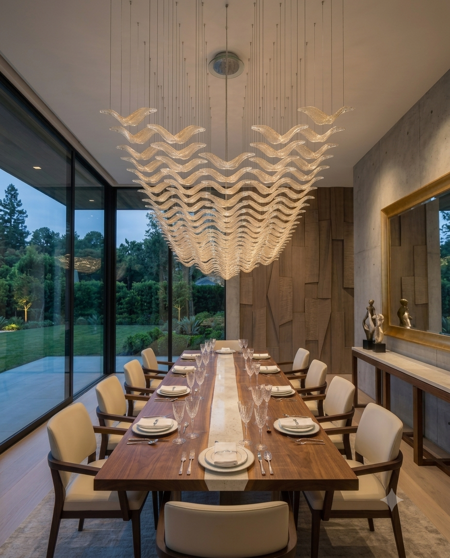 Large Rectangular Orange Glass Chandelier, 2 Meter Custom Wavy Leaf Ceiling Light
