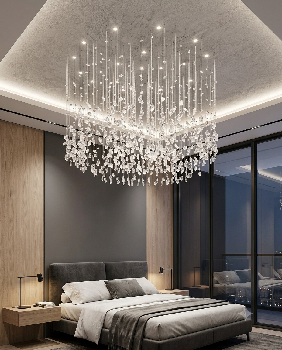 Custom 1M White Stone Circle Drop Chandelier | Modern Luxury Ceiling Light