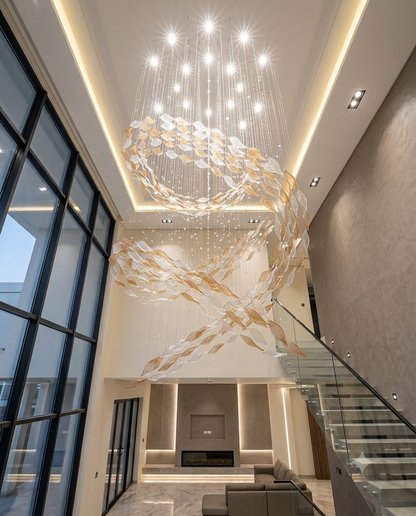 Cascading Wave Glass Feature Light | 5-Meter Two-Tone Staircase Pendant