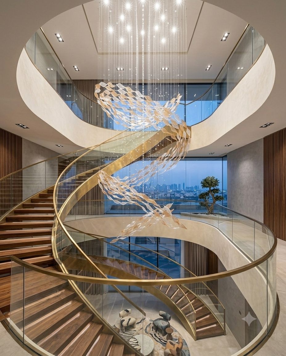 Cascading Wave Glass Feature Light | 5-Meter Two-Tone Staircase Pendant