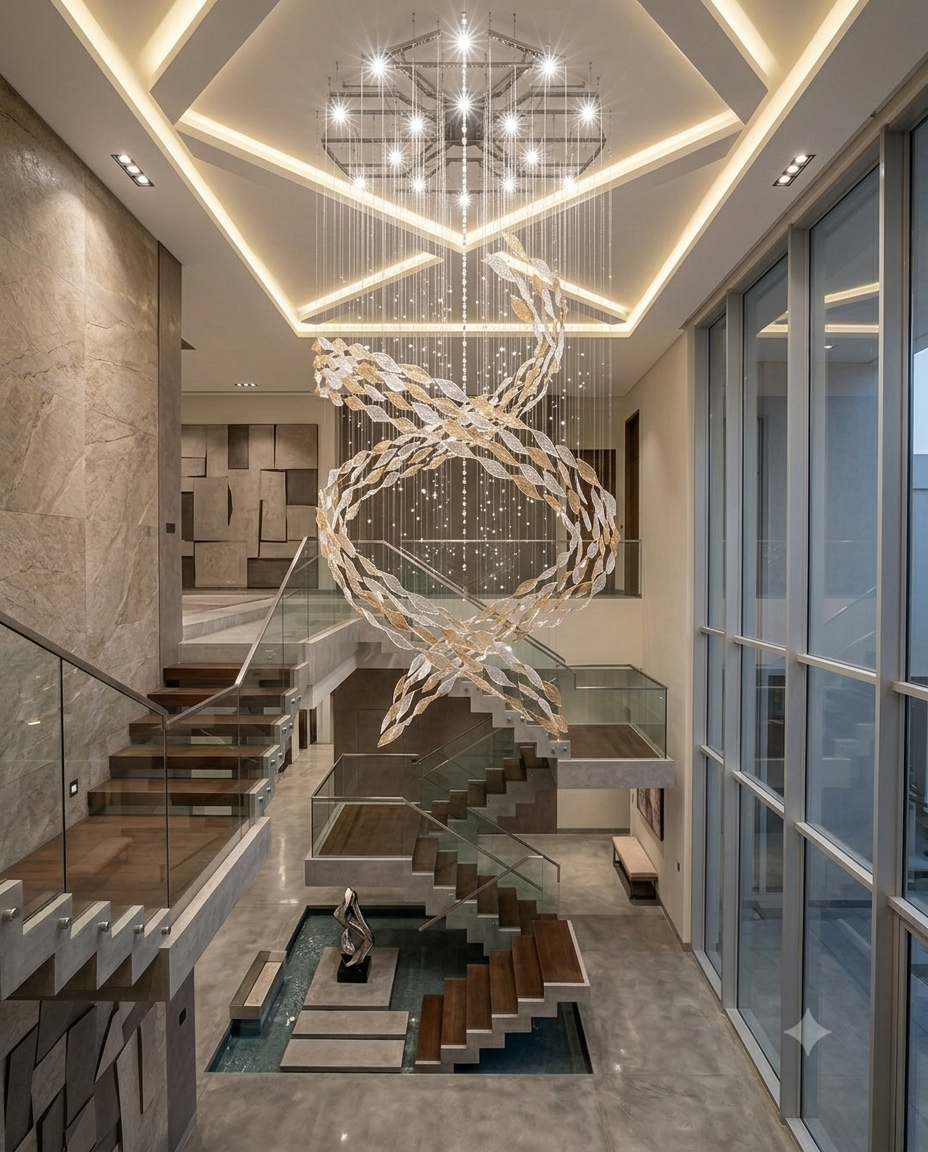 Cascading Wave Glass Feature Light | 5-Meter Two-Tone Staircase Pendant
