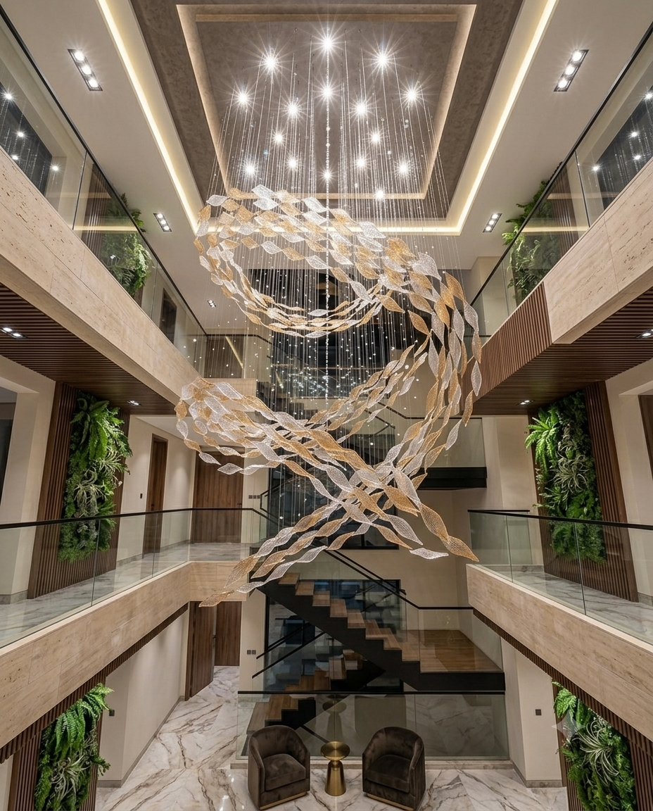 Cascading Wave Glass Feature Light | 5-Meter Two-Tone Staircase Pendant