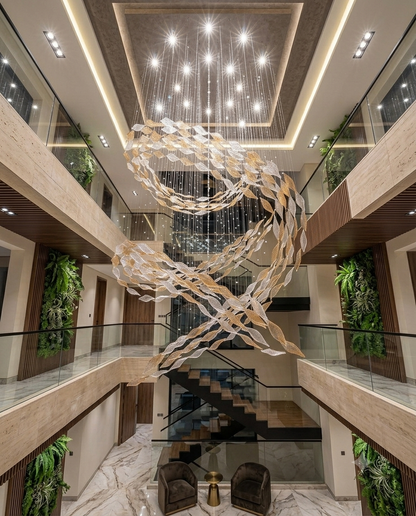 Cascading Wave Glass Feature Light | 5-Meter Two-Tone Staircase Pendant