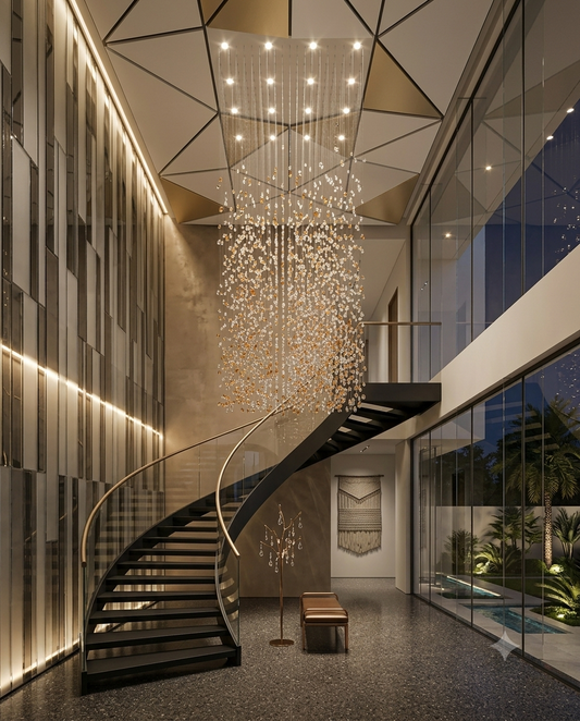 3-Meter Mixed Stone Waterfall Chandelier – Custom White & Orange Drop Light for High Ceilings