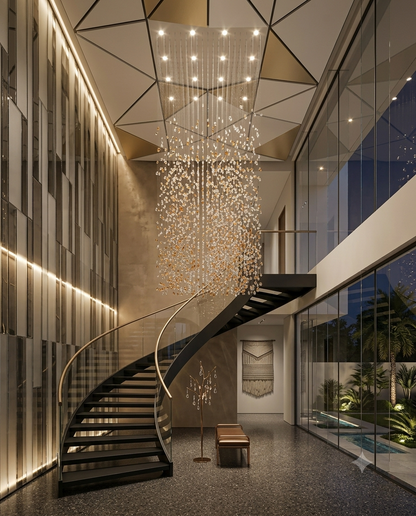 3-Meter Mixed Stone Waterfall Chandelier – Custom White & Orange Drop Light for High Ceilings