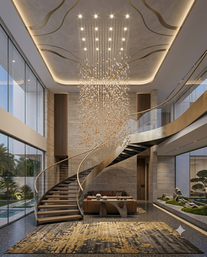 3-Meter Mixed Stone Waterfall Chandelier – Custom White & Orange Drop Light for High Ceilings