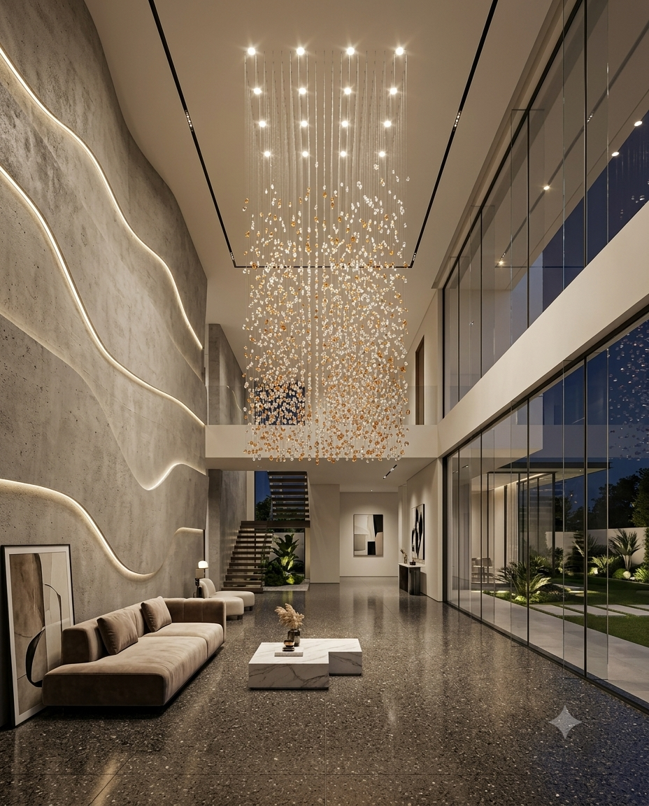 3-Meter Mixed Stone Waterfall Chandelier – Custom White & Orange Drop Light for High Ceilings