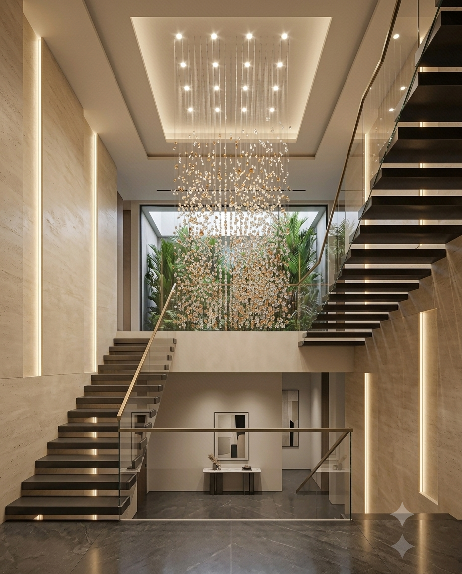 3-Meter Mixed Stone Waterfall Chandelier – Custom White & Orange Drop Light for High Ceilings