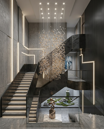 3-Meter Mixed Stone Waterfall Chandelier – Custom White & Orange Drop Light for High Ceilings