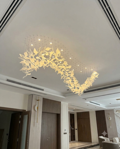 Custom S-Shape Large Glass Leaf Chandelier - 2M Rectangular Wave Style Frosted & Clear Crystal Leaves Pendant Light for Luxury Dining Room