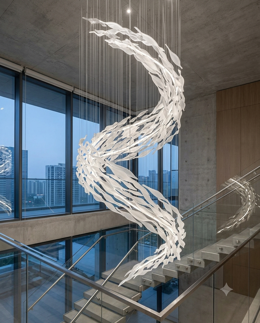 Frozen Cascade: Custom S-Curve 3M Frosted White Glass Pendant