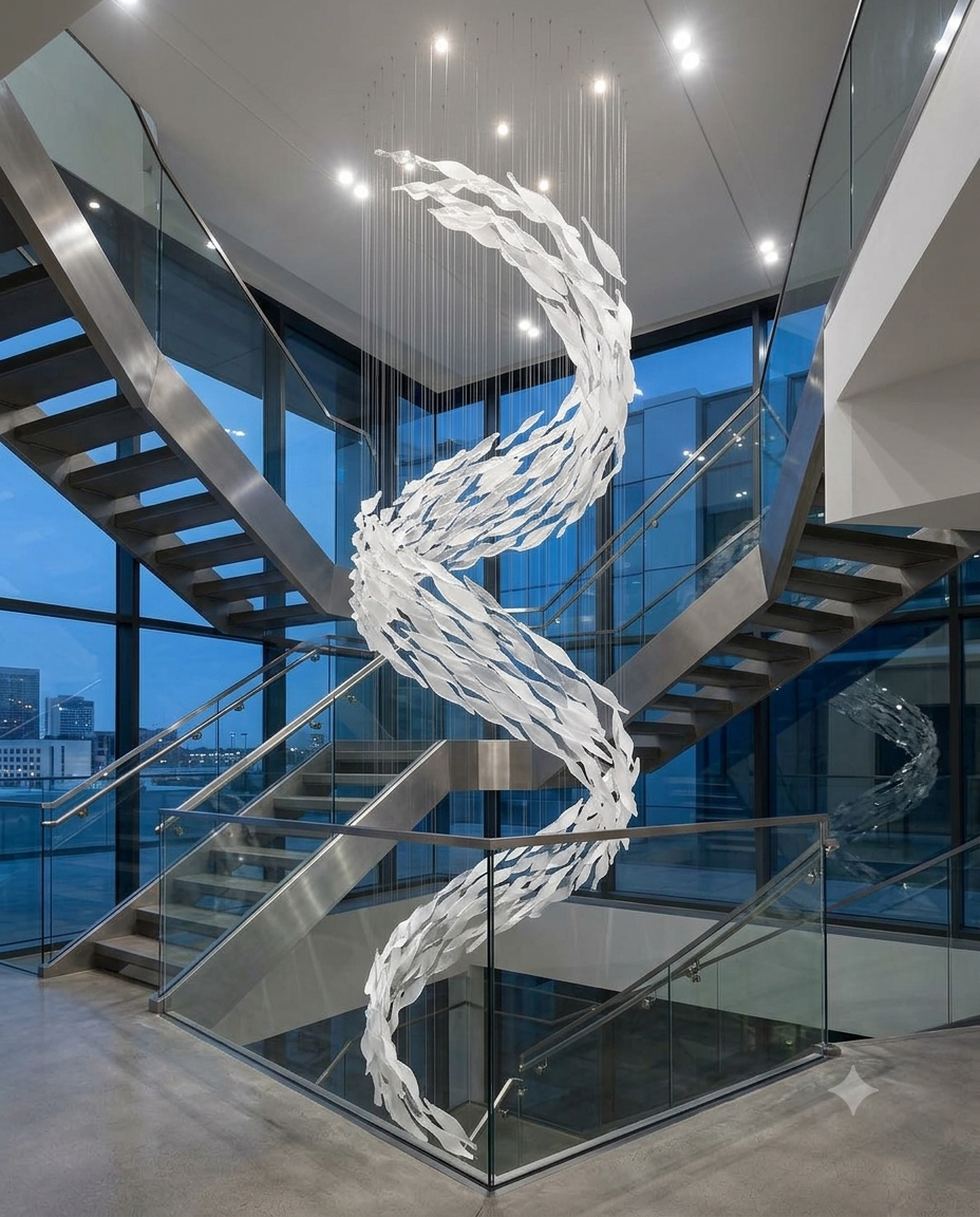 Frozen Cascade: Custom S-Curve 3M Frosted White Glass Pendant