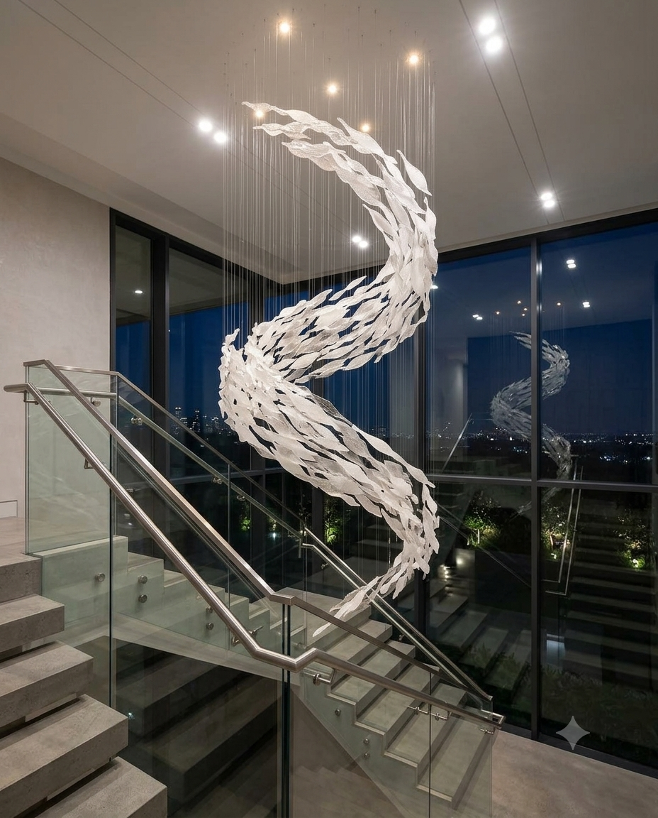 Frozen Cascade: Custom S-Curve 3M Frosted White Glass Pendant