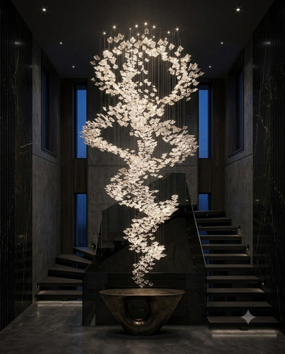 Vortex Shape Custom Clear Glass Chandelier – 5-Meter Multi-Story Lighting