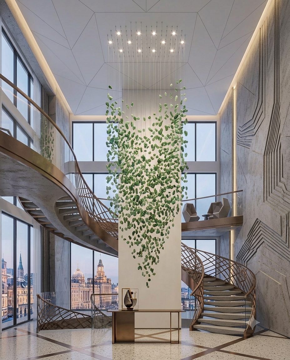 Bespoke 3m Green Stone Crystal Chandelier – Luxury Double-Height Ceiling Lighting