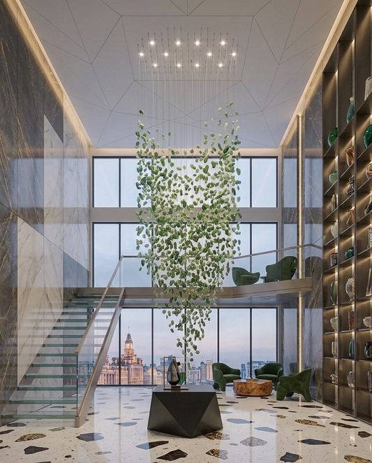 Bespoke 3m Green Stone Crystal Chandelier – Luxury Double-Height Ceiling Lighting