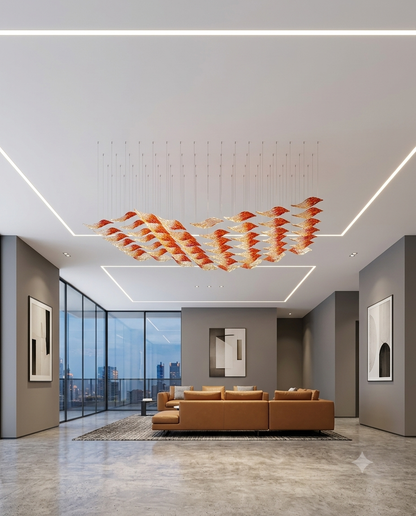 Custom Square Red & Clear Frosted Glass Leaf Chandelier (2M x 1M) | Luxury Statement Ceiling Light