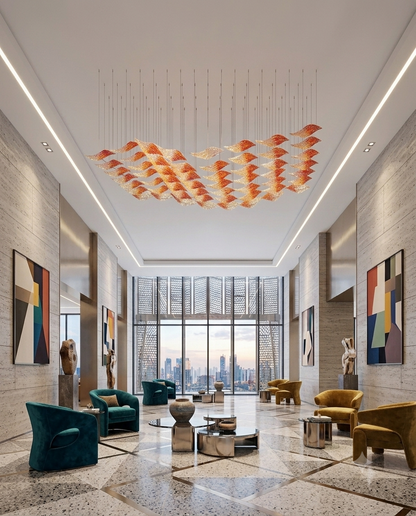 Custom Square Red & Clear Frosted Glass Leaf Chandelier (2M x 1M) | Luxury Statement Ceiling Light