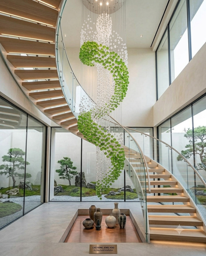 Custom 5M Spiral Crystal Chandelier | Luxury Rare Green Stone Feature Light