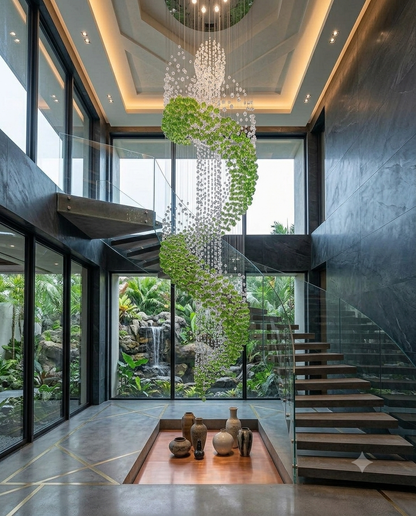 Custom 5M Spiral Crystal Chandelier | Luxury Rare Green Stone Feature Light