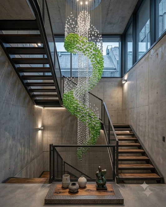 Custom 5M Spiral Crystal Chandelier | Luxury Rare Green Stone Feature Light