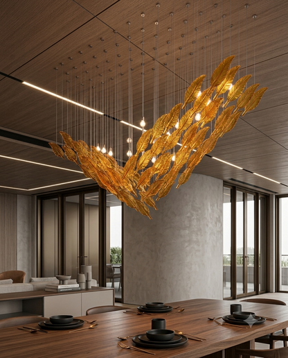 Modern Amber Glass Leaf Chandelier | Custom V-Shaped Dining Room Light (200x80cm)