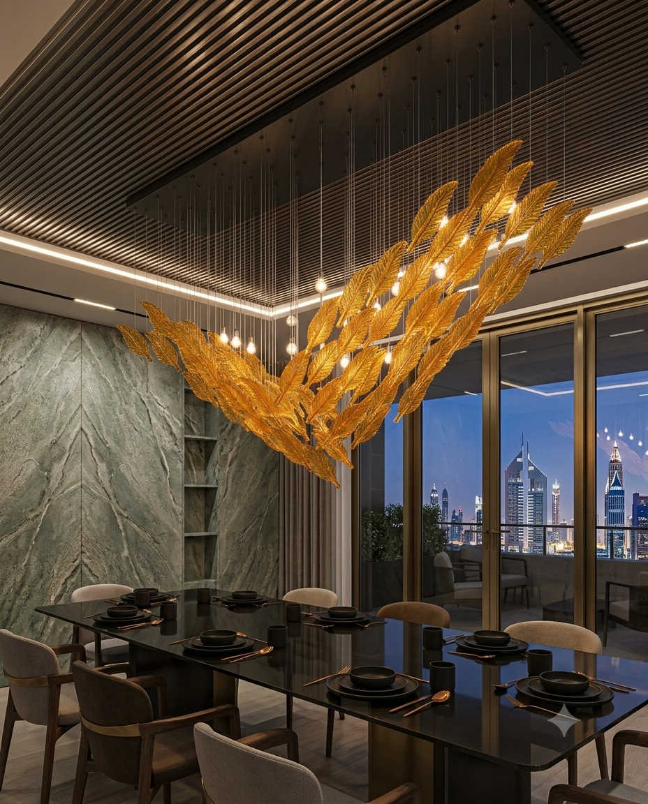 Modern Amber Glass Leaf Chandelier | Custom V-Shaped Dining Room Light (200x80cm)