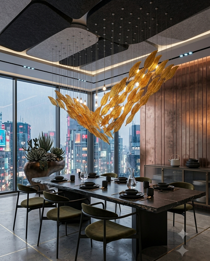 Modern Amber Glass Leaf Chandelier | Custom V-Shaped Dining Room Light (200x80cm)