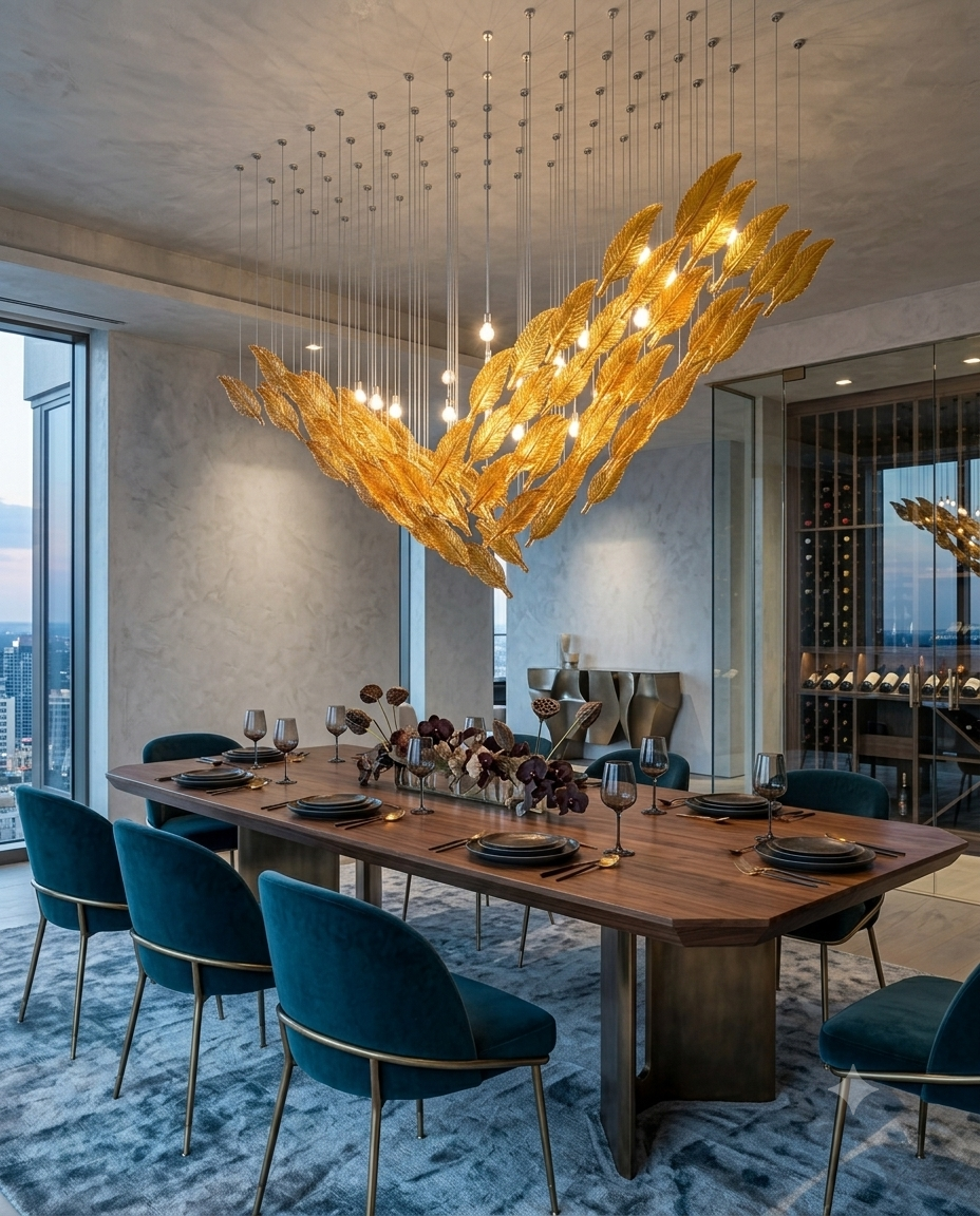 Modern Amber Glass Leaf Chandelier | Custom V-Shaped Dining Room Light (200x80cm)