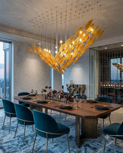 Modern Amber Glass Leaf Chandelier | Custom V-Shaped Dining Room Light (200x80cm)