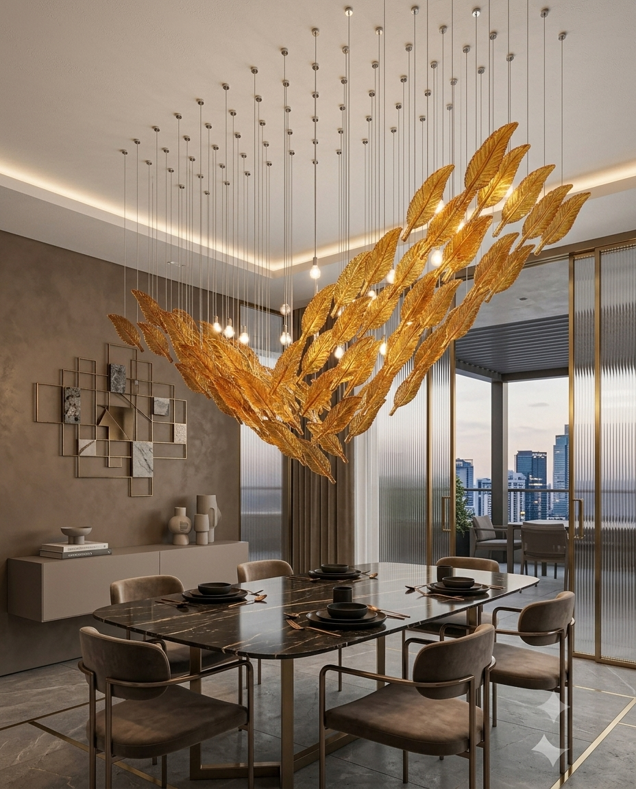 Modern Amber Glass Leaf Chandelier | Custom V-Shaped Dining Room Light (200x80cm)