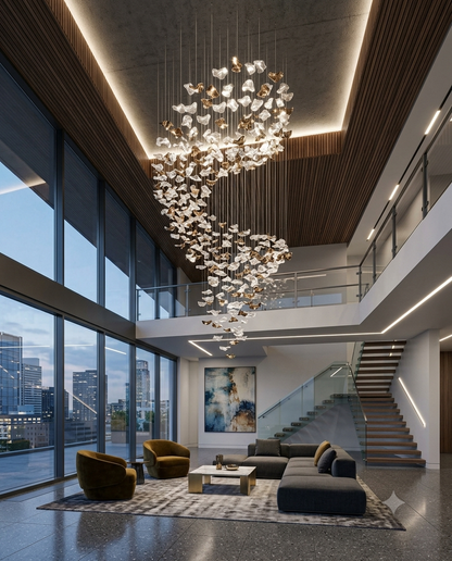 Cascading Gold & Clear Glass Waterfall Chandelier | Modern Stair Void Lighting
