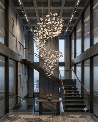 Cascading Gold & Clear Glass Waterfall Chandelier | Modern Stair Void Lighting