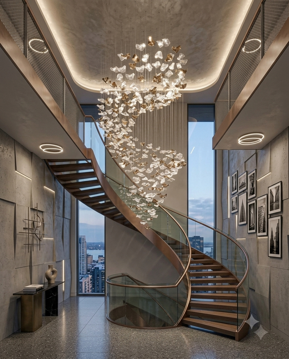 Cascading Gold & Clear Glass Waterfall Chandelier | Modern Stair Void Lighting