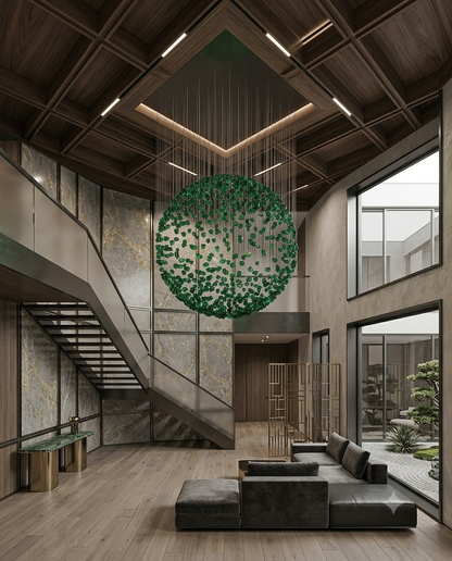 Modern 1M Green Stone Ball Chandelier | Custom Round Pendant Fixture