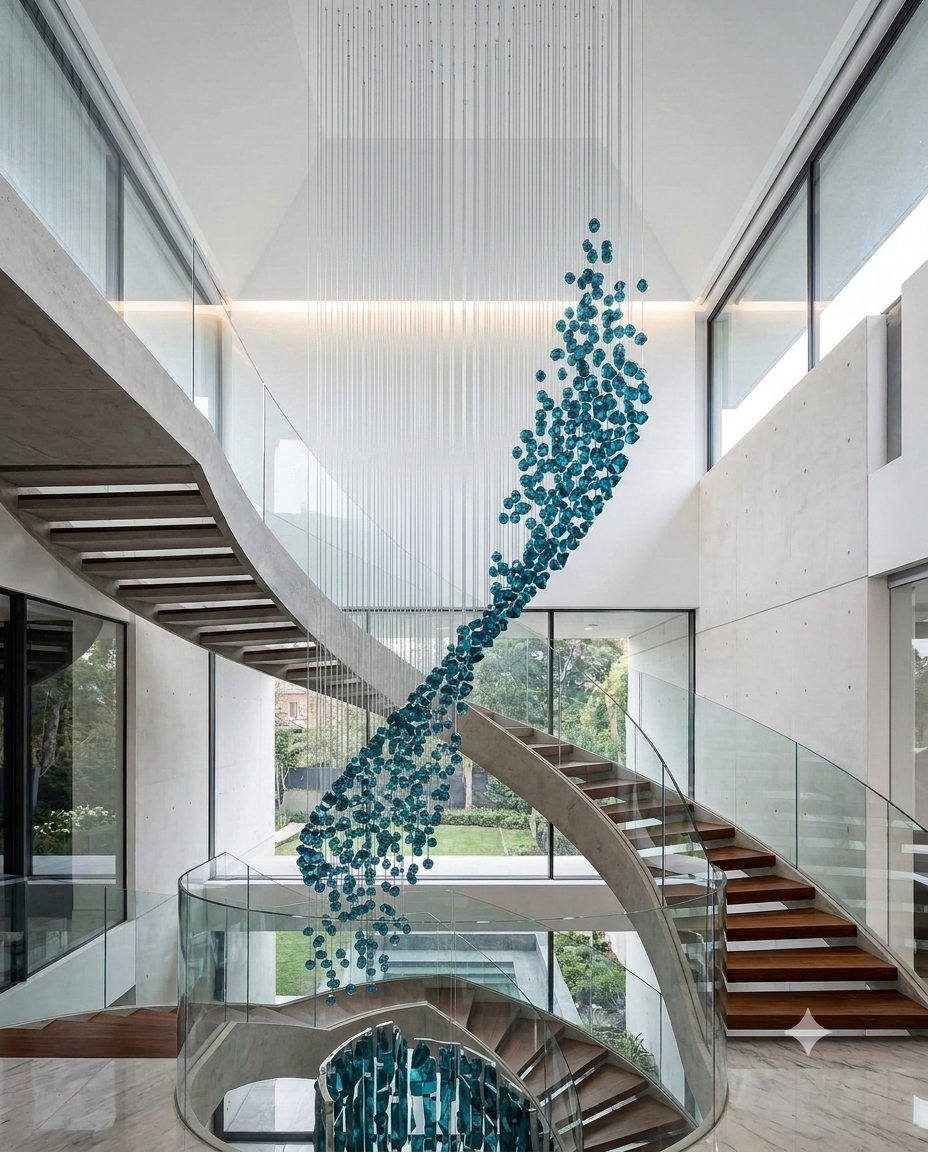 Modern Custom Flowing Wave Teal Blue Stone Staircase Chandelier | 3M Luxury Cascading Design
