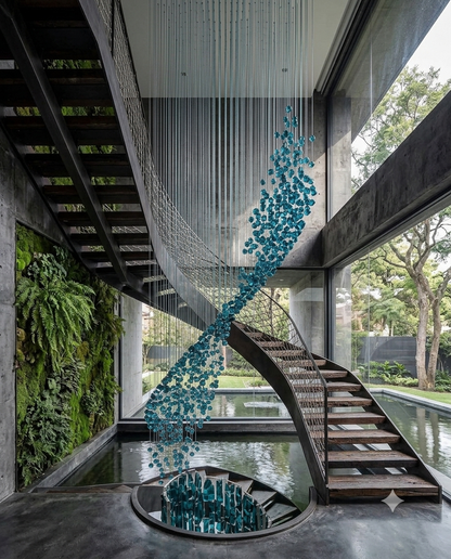 Modern Custom Flowing Wave Teal Blue Stone Staircase Chandelier | 3M Luxury Cascading Design
