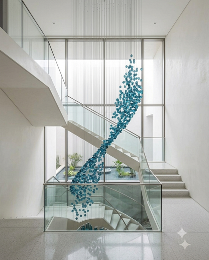 Modern Custom Flowing Wave Teal Blue Stone Staircase Chandelier | 3M Luxury Cascading Design