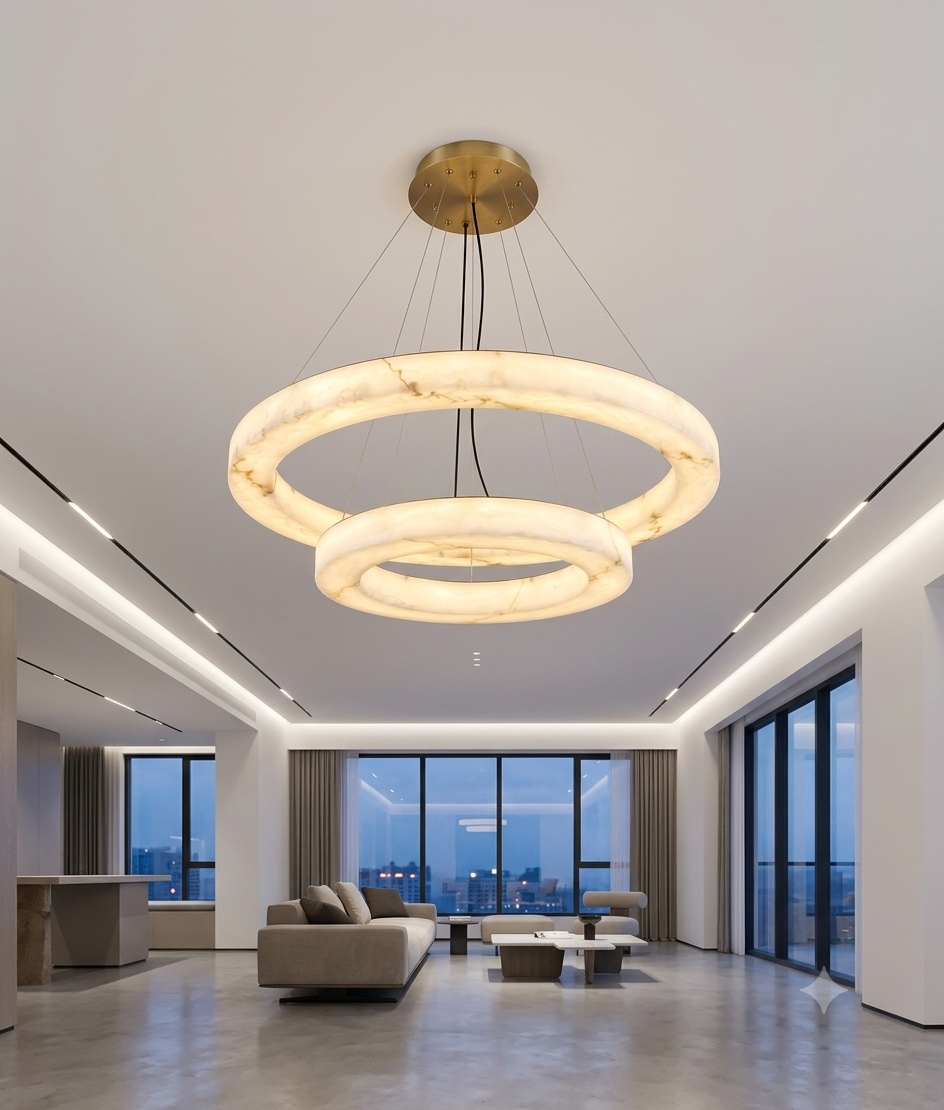 Modern Dual Ring Marble-Effect Acrylic LED Chandelier | 80cm + 50cm Adjustable Pendant Light