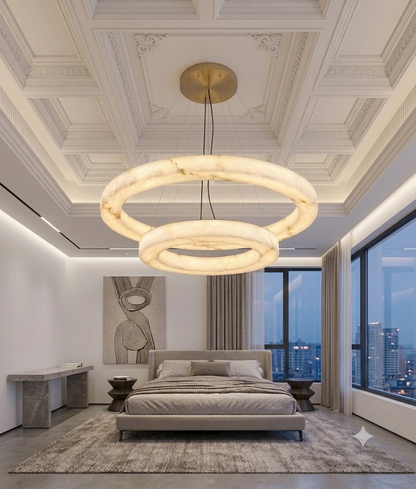 Modern Dual Ring Marble-Effect Acrylic LED Chandelier | 80cm + 50cm Adjustable Pendant Light