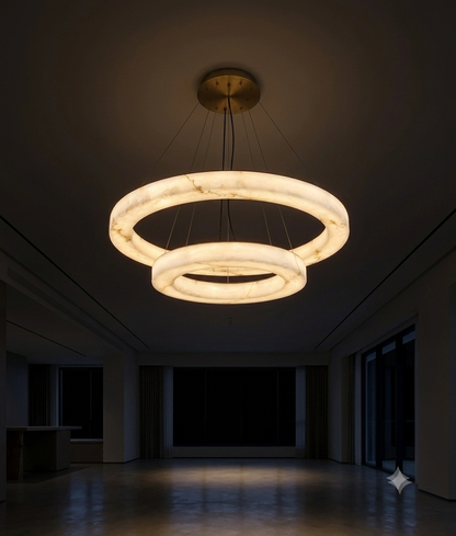 Modern Dual Ring Marble-Effect Acrylic LED Chandelier | 80cm + 50cm Adjustable Pendant Light