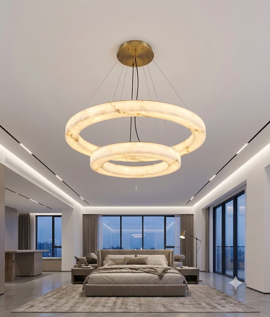 Modern Dual Ring Marble-Effect Acrylic LED Chandelier | 80cm + 50cm Adjustable Pendant Light