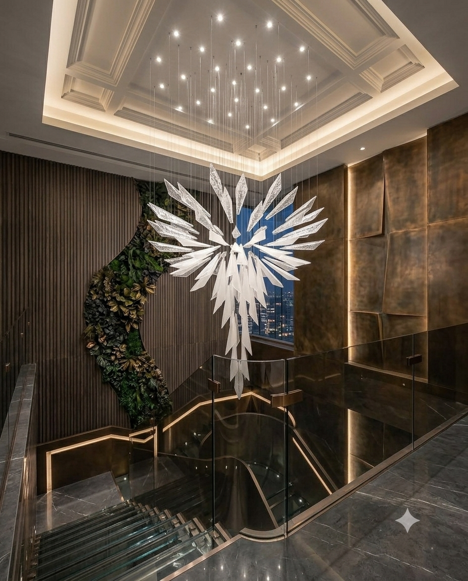 Modern Custom "Rising Flower" Dual-Tone Glass Chandelier – 2m Luxury Staircase Pendant Light