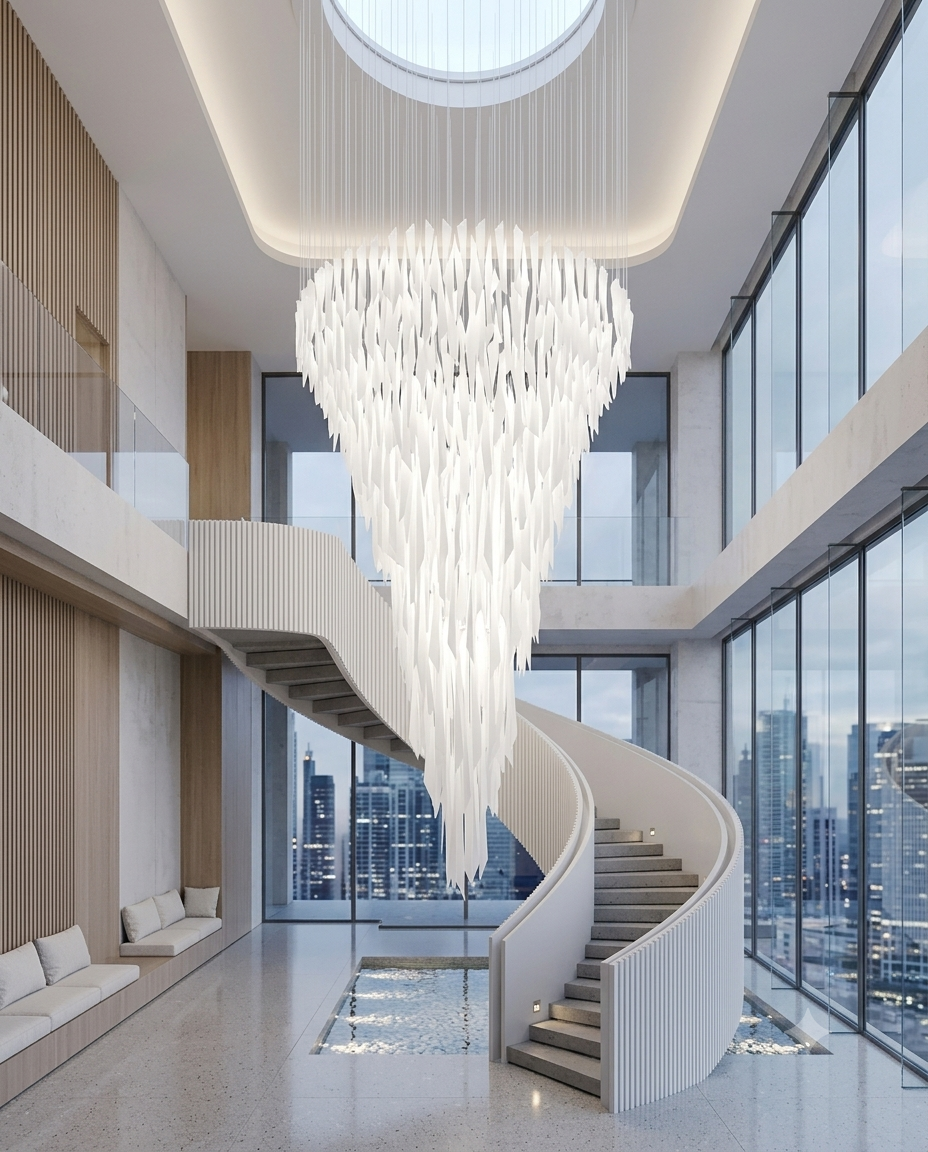 Grand Entryway Ice Glass Chandelier | 80cm Round High Ceiling Statement Lighting