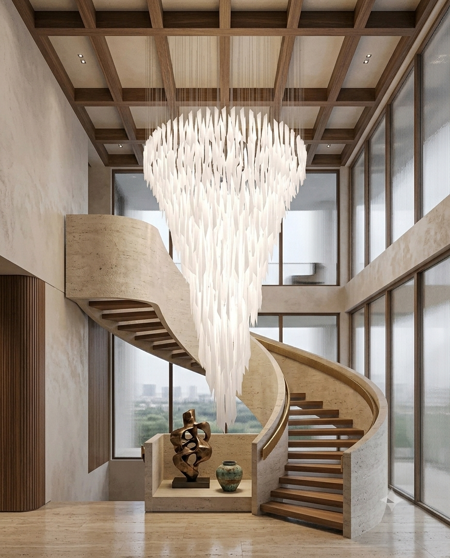 Grand Entryway Ice Glass Chandelier | 80cm Round High Ceiling Statement Lighting