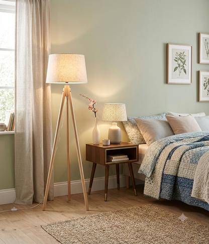 Modern Wooden Tripod Floor Lamp with Fabric Shade – E27 Base Standard Reading & Bedroom Light