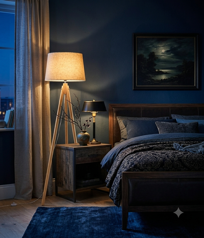 Modern Wooden Tripod Floor Lamp with Fabric Shade – E27 Base Standard Reading & Bedroom Light