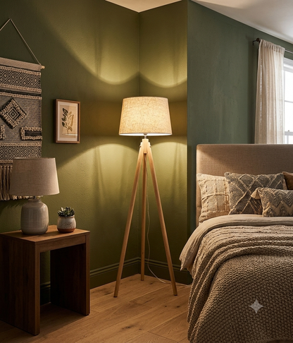 Modern Wooden Tripod Floor Lamp with Fabric Shade – E27 Base Standard Reading & Bedroom Light