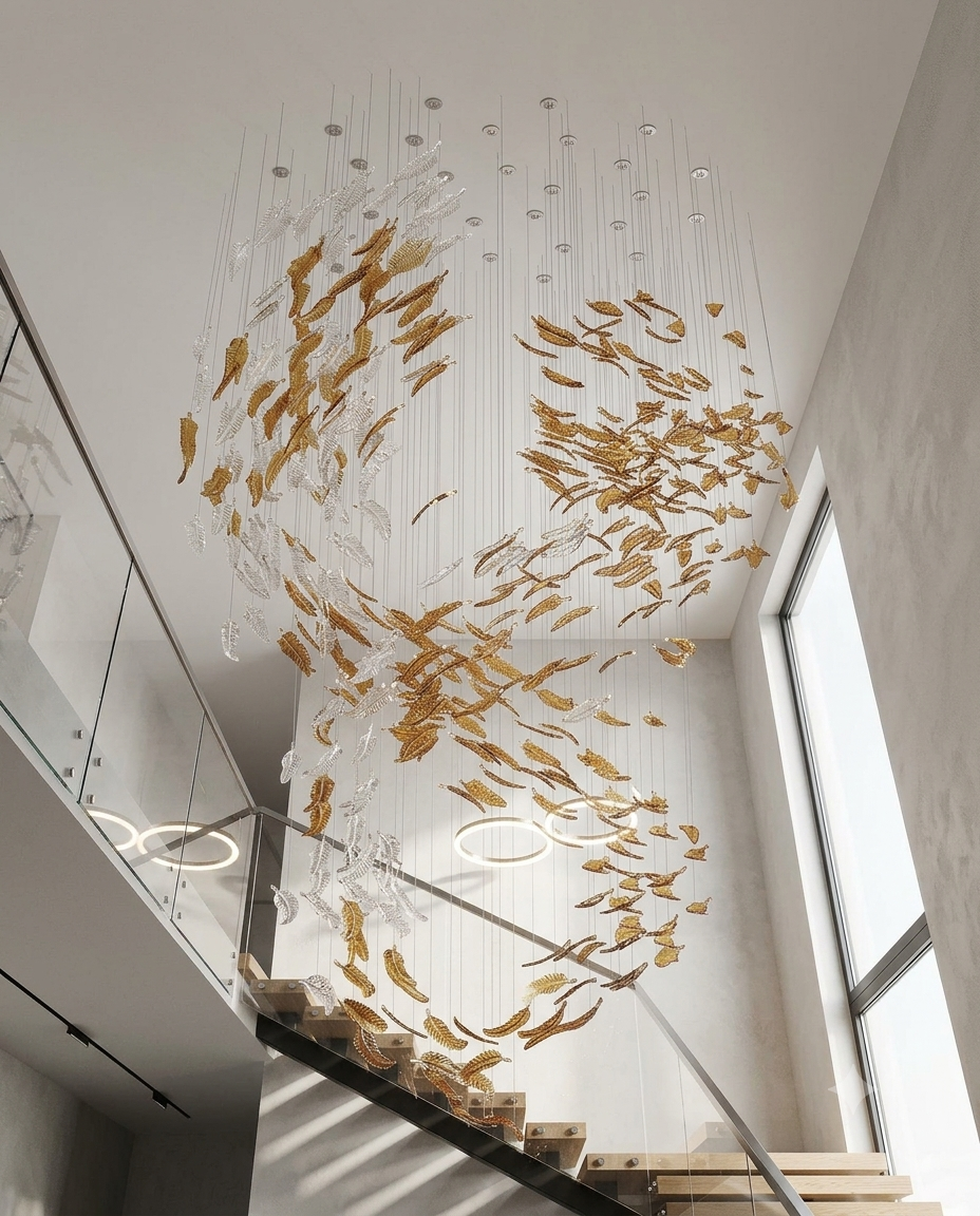 Custom Orange & Clear Leaf Glass Spiral Cascade Chandelier – 5M