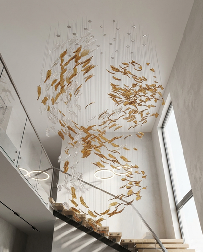 Custom Orange & Clear Leaf Glass Spiral Cascade Chandelier – 5M